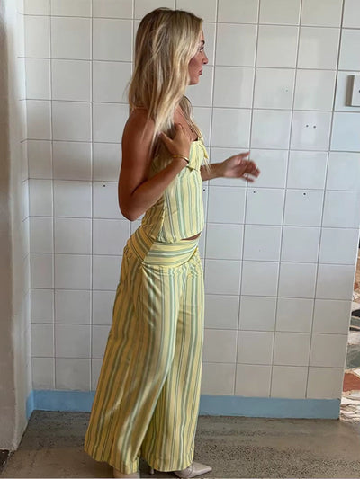 Stripe Bow Women'S Beach Suit off Shoulder Backless Sleeveless Tube Top Elastic Waist Straight Pants Female 2 Pieces Lady Outfit