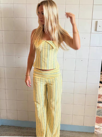 Stripe Bow Women'S Beach Suit off Shoulder Backless Sleeveless Tube Top Elastic Waist Straight Pants Female 2 Pieces Lady Outfit