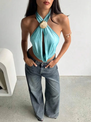 Sexy Women Blue Halter Vestido Chic Shell Hollow Out off Shoulder Backless Lace up Ruffle Tops 2025 Summer Y2K Female Beachwear