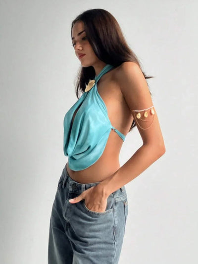 Sexy Women Blue Halter Vestido Chic Shell Hollow Out off Shoulder Backless Lace up Ruffle Tops 2025 Summer Y2K Female Beachwear