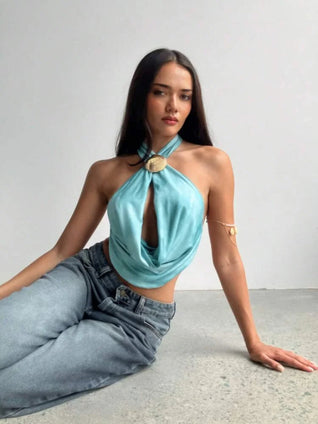 Sexy Women Blue Halter Vestido Chic Shell Hollow Out off Shoulder Backless Lace up Ruffle Tops 2025 Summer Y2K Female Beachwear