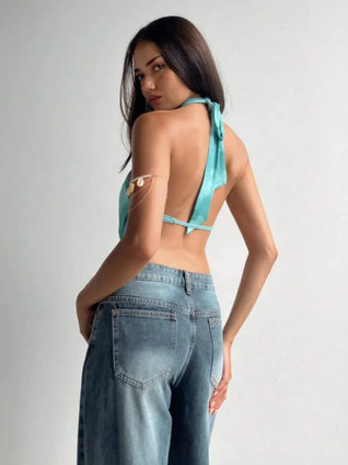 Sexy Women Blue Halter Vestido Chic Shell Hollow Out off Shoulder Backless Lace up Ruffle Tops 2025 Summer Y2K Female Beachwear