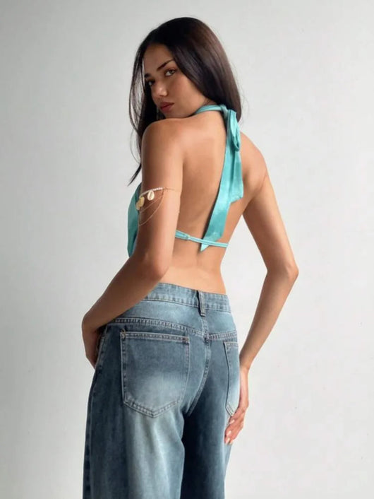 Sexy Women Blue Halter Vestido Chic Shell Hollow Out off Shoulder Backless Lace up Ruffle Tops 2025 Summer Y2K Female Beachwear