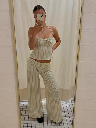 Stripe Bow Women'S Beach Suit off Shoulder Backless Sleeveless Tube Top Elastic Waist Straight Pants Female 2 Pieces Lady Outfit