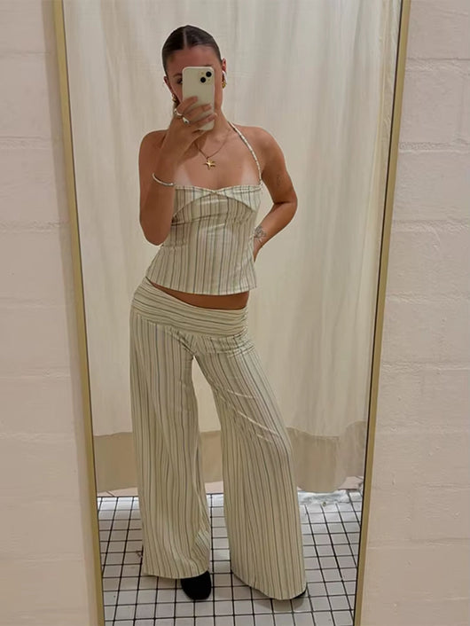 Stripe Bow Women'S Beach Suit off Shoulder Backless Sleeveless Tube Top Elastic Waist Straight Pants Female 2 Pieces Lady Outfit